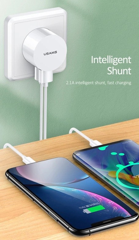 usams ΦΟΡΤΙΣΤΗΣ ΤΟΙΧΟΥ t20 & ΚΑΛΩΔΙΟ micro usb, 2x usb, 2.1a, ΛΕΥΚΟΣ